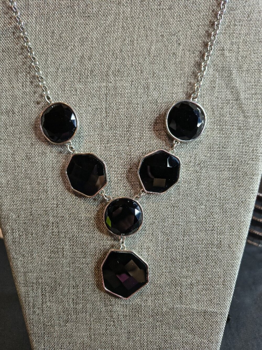 Silver Tone Black Faceted Glass Bead Necklace